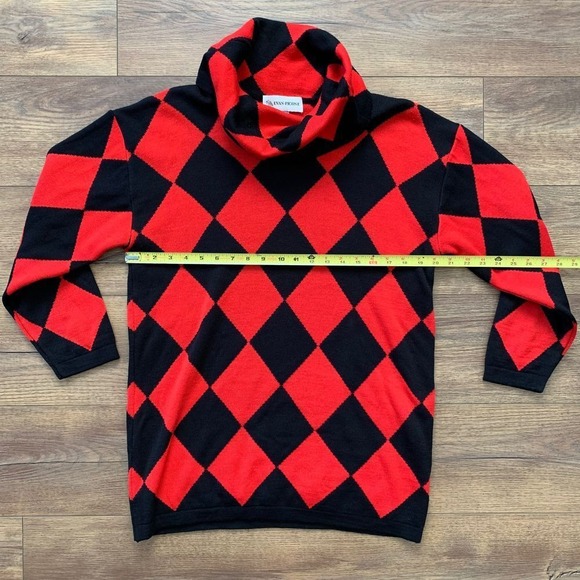 VTG 80's Evan Picone Medium Wool Blend Harlequin Black & Red Cowl Neck Sweater - Picture 4 of 12